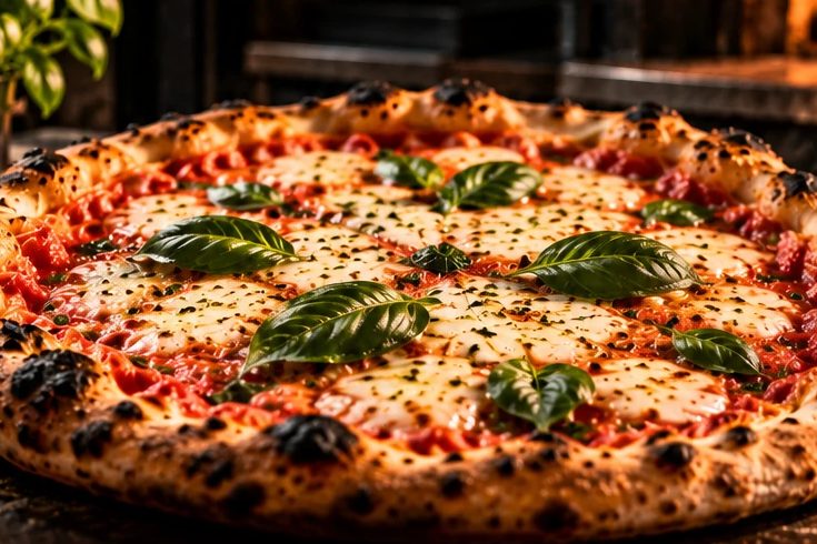 Pizza Margherita garnie de mozzarella fondante et de feuilles de basilic frais