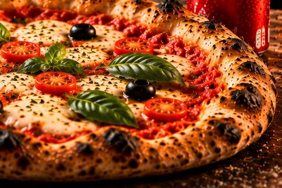 Pizza aux tomates cerises, olives et basilic, servie avec une boisson fraîche